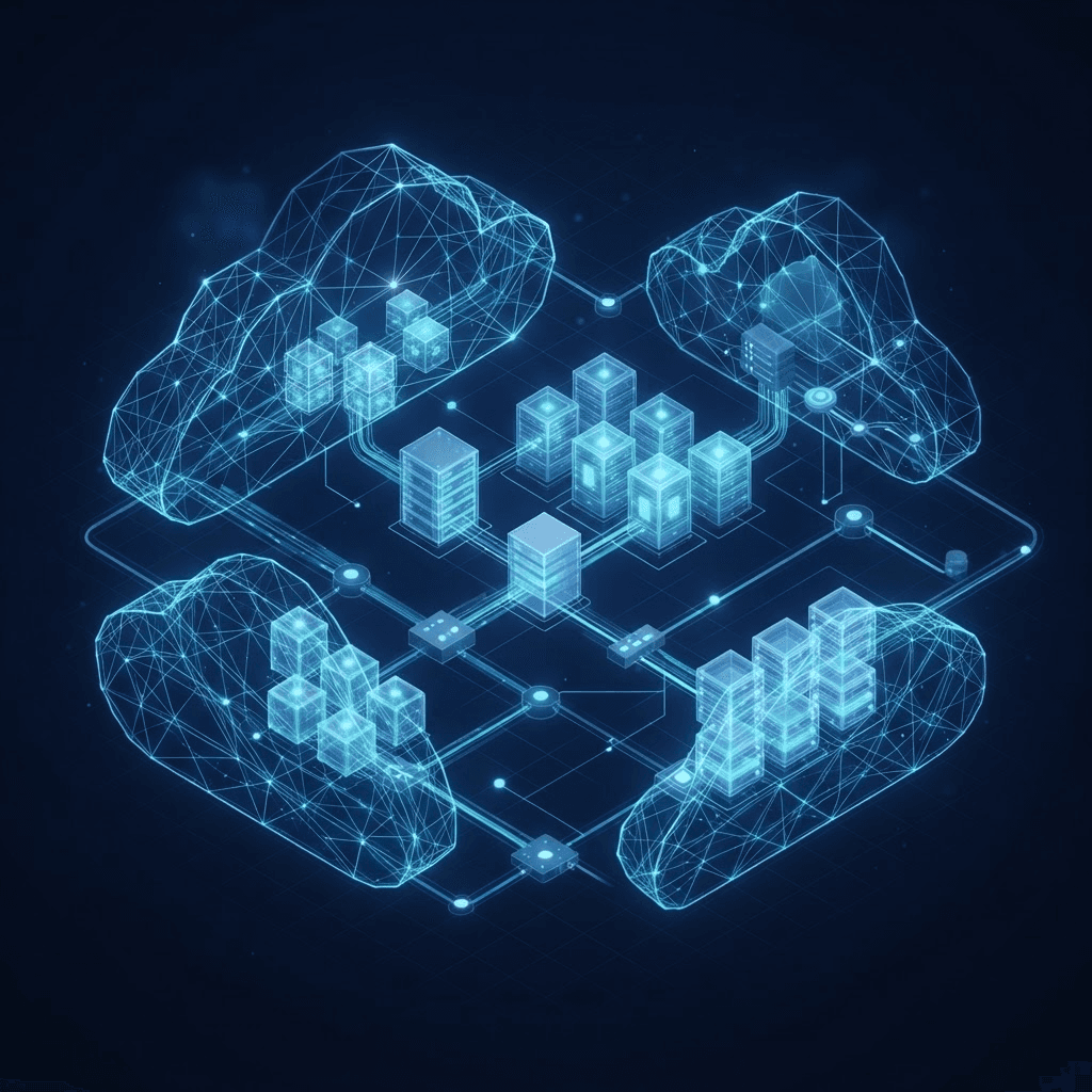 Illustration of cloud infrastructure with interconnected network nodes and server clusters